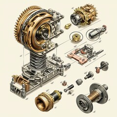 A technical illustration showing the internal mechanism of a machine in detail. Detailed drawings of gears, pistons, bearings and other parts - obrazy, fototapety, plakaty