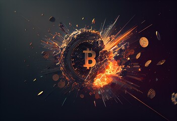 Cryptocurrency bitcoins explosion background. Generative ai