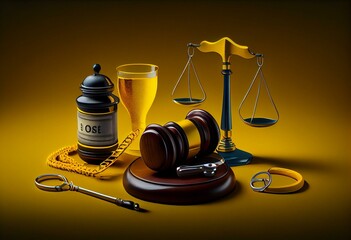 Concept de justice et santé avec un stéthoscope et un marteau de juge en gros plan sur fond jaune. Generative AI - obrazy, fototapety, plakaty