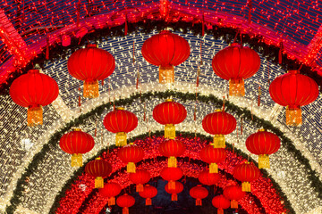 Chinese New Year in Moscow. The glowing tunnel with red decorative lanterns on Tverskoy Boulevard - 734188140