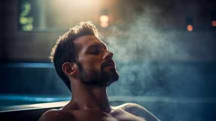man relaxing in a spa in a hot bath