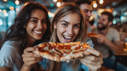 Group of cheerful friends eating delicious pizza and chatting animatedly