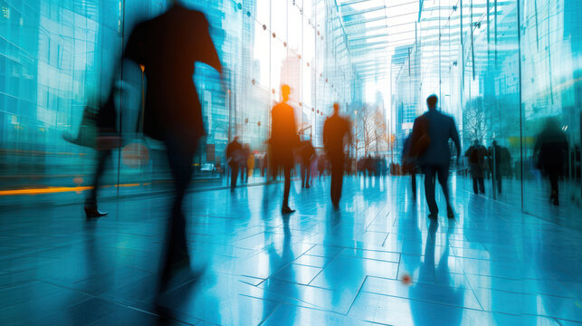 abstract motion blur image of business people crowd walking at corporate office in city downtown, blurred background, business center concept