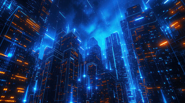 Cybersecurity. Global Media Link Connecting On Night City Background, Digital, Internet, Communication, Networking, Smart City, Business, Partnership, Network Connection And Technology Concept