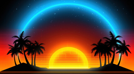 Beautiful tropical sunset with palms and beach in neon colors, art deco