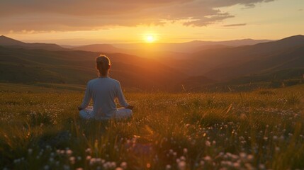 A solitary figure practices yoga in a mountain field at dawn, under the dramatic lighting of the rising sun. A moment of serene tranquility.