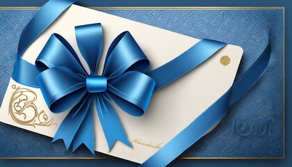 blue ribbon bow blank gift certificate voucher template with blue bow - obrazy, fototapety, plakaty