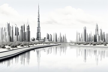 Aerial view of Burj Khalifa in Dubai Downtown skyline city building and fountain, United Arab Emirates or UAE
