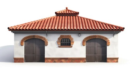 Residential charm - red brick garage for two cars with tree, isolated on white stock photo