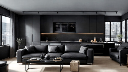 Interior of a black modern cozy living room with kitchen. Living room with sofa, coffee table and interior items