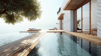 island home with a minimalist architectural style, a wood deck with an infinity pool, slatted wood pergola, the elegant simplicity and natural charm of the residence. - obrazy, fototapety, plakaty
