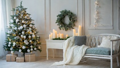 stylish christmas scandinavian minimalistic interior with white decor