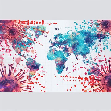 An illustration showing the spread pattern of the disease on a world map. Using colored dots or lines, it looks like how the epidemic is spreading to different regions