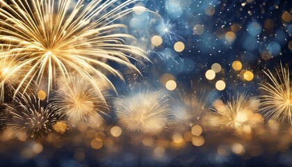 gold and dark blue fireworks and bokeh in new year eve and copy space abstract background holiday