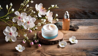 Fototapeta na wymiar natural organic cosmetics serum cream mask on wooden background with flowers spa concept