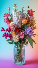 Obraz premium Beautiful bouquet of different flowers in glass vase on pastel multicolored background