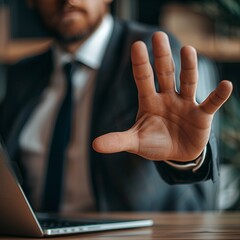 close up of businessman's hand wanting to say stop