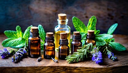 an assortment of essential oil bottles with fresh plants from which they re derived like lavender peppermint and rosemary arranged on a wooden surface generative ai
