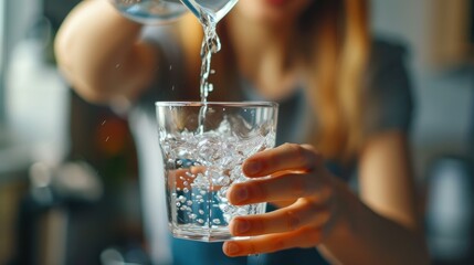 Healthy lifestyle - woman quenching thirst, pouring tap water into glass closeup image