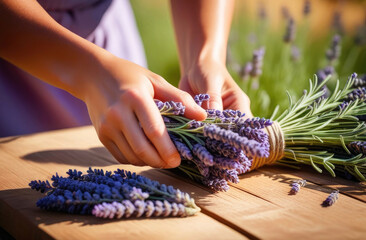 Collecting lavender. Female woman hands grinding lavender on wooden table in field. Prepare...