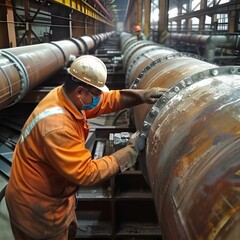 Worker inspecting steel pipes and pipe elbow in oil factory