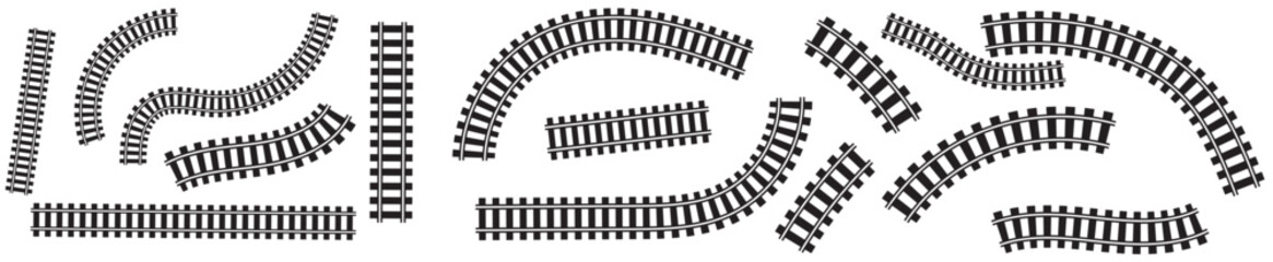 Train railway road set. Rail transport path element collection. Vector isolated on white.