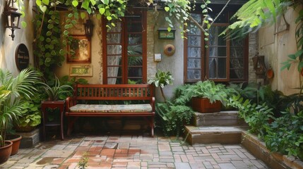 Fototapeta na wymiar Serene outdoor ambiance - stylish garden bench on a neat patio image