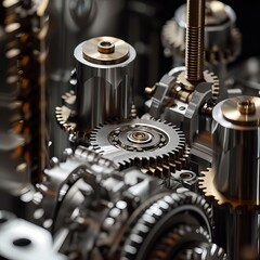Detailed view of the details of the internal mechanism of a machine, gears, pistons, bearings and other parts - obrazy, fototapety, plakaty