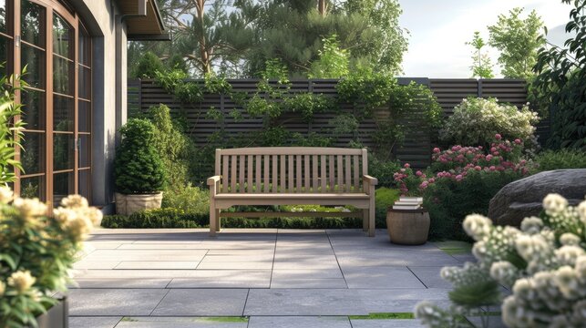 Serene outdoor ambiance - stylish garden bench on a neat patio image