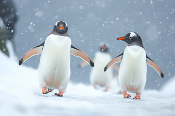 Fototapeta premium Glacial Gait: Penguins Roaming Snowy Terrain