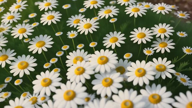 White and yellow daisies on a green meadow. Beautiful wild flowers
