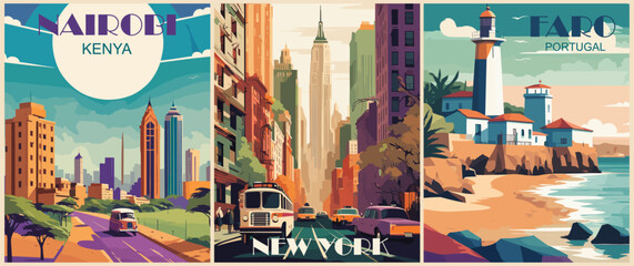 Set of Travel Destination Posters in retro style. Nairobi, Kenya, New York, USA, Faro, Portugal prints. International summer vacation, holidays concept. Vintage vector colorful illustrations.