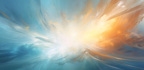 an orange and white explosion in blue colors, in the style of realistic fantasy artwork, abstraction-création, light cyan, dreamy atmosphere