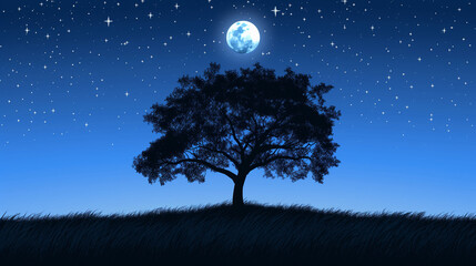 Enchanting Night Sky with a Luminous Full Moon Behind the Silhouette of a Solitary Tree on a Quiet Hillside