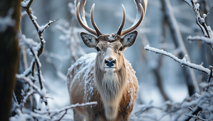 Naklejka na ściany i meble A cute deer gazes at the camera in snowy forest generated by AI
