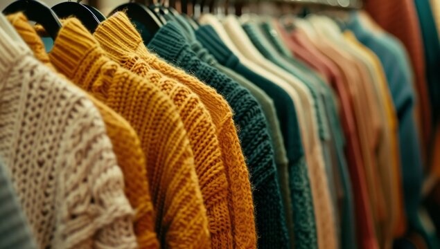 sweaters are hung on racks in a room Generative AI
