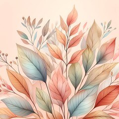 A painting watercolors of a bunch of leaves in pastel colors on a white background with a white wall in the background. Floral concept