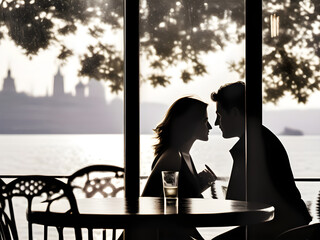 Silhouette of  a female and male sitting in a lakeside restaurant, romantic couple hangout - obrazy, fototapety, plakaty