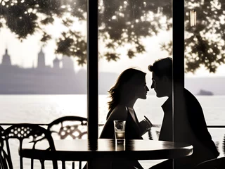 Fotobehang Silhouette of  a female and male sitting in a lakeside restaurant, romantic couple hangout © AarRaeidul