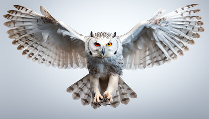 Eagle owl flying, spread wings, fierce hunter in mid air generated by AI - obrazy, fototapety, plakaty