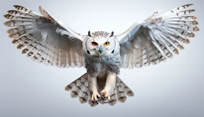 Rolgordijnen Eagle owl flying, spread wings, fierce hunter in mid air generated by AI © Gstudio