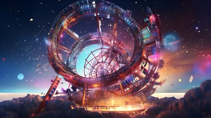 A cosmic ferris wheel spinning in the void of space, carrying surreal characters on its rotating platforms, surrounded by swirling galaxies and celestial wonders