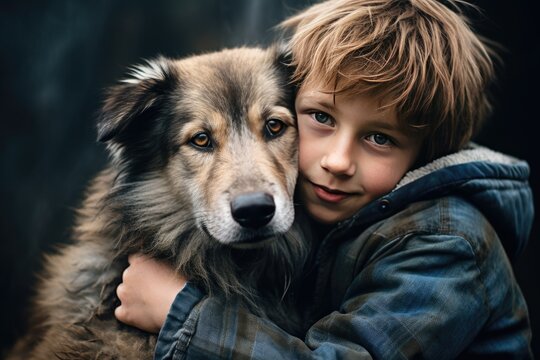 Photo of cute boy hugging a dog, Cute child cuddling with puppy dog, Ai generated
