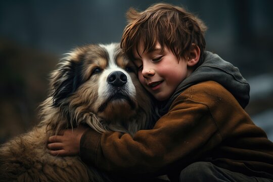 Photo of cute boy hugging a dog, Cute child cuddling with puppy dog, Ai generated