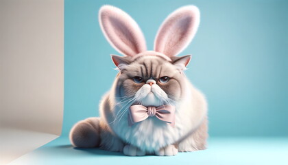 grumpy cat wearing bunny ears, set against a pastel blue background
