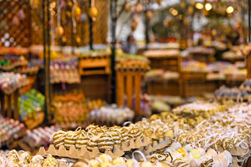 Traditional Easter market with colorful and painted easter eggs in Vienna - obrazy, fototapety, plakaty