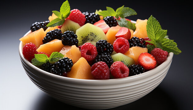 Fresh fruit salad raspberry, strawberry, blueberry, melon, grape, blackberry generated by AI