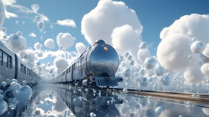 Deurstickers A fantastical train station suspended in the clouds, with trains made of floating bubbles arriving and departing, carrying passengers to dreamlike destinations © Graphica Galore