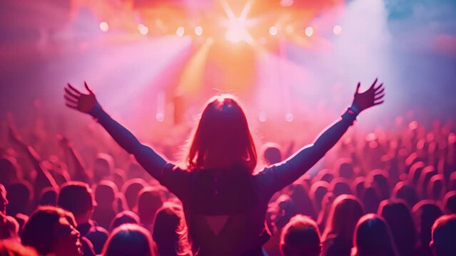 Rear back view of audience crowd people fans raising hands enjoying live music festival concert event rock band silhouettes performance sing on night club outdoor stage. 4k video blurred effect with c
