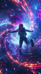 Cybernetic pulse in quantum rhythm skydiver soars through neon solar dreams